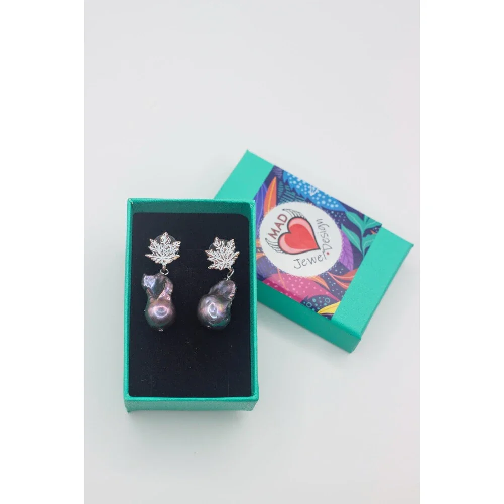 12mm Black Peacock Baroque Pearl Leaf Stud Earrings White Patina Bronze Handmade